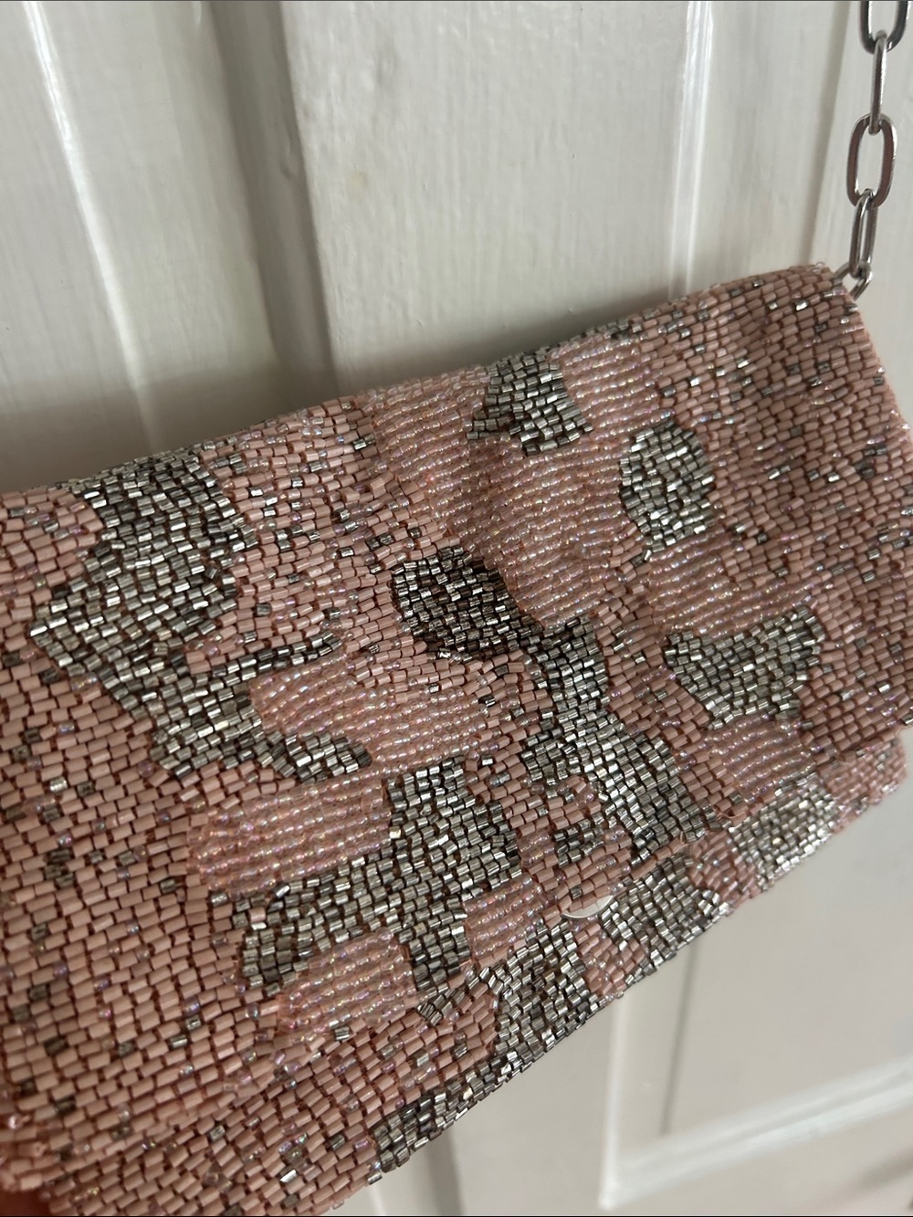 Free People Pink Beaded Leopard-Print Crossbody with Silver Chain